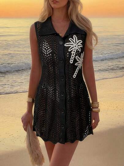 Swim Vcay Kimono Pantai Wanita Hitam Musim Panas Gaya Boho untuk Liburan, Gaun Tanpa Lengan Rajutan Leher V Berongga, Motif Pohon Kelapa