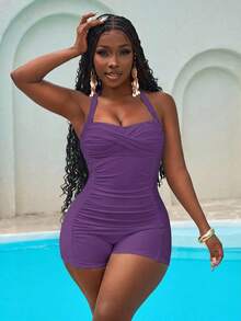Slaydiva Women's Solid Color Minimalist One-Piece Swimsuit, Casual Camisole - Purple - View 4