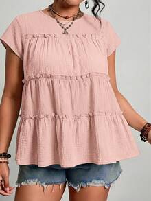 Freevana Plus Size Women's Solid Color Round Neck Pleated Casual Versatile Daily Wear Blouse - Dusty Pink - View 5