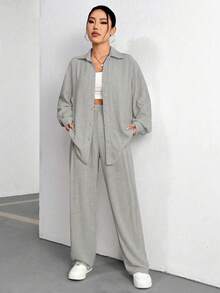 Flirla Ladies' Solid Color Drop Shoulder Long Sleeve Shirt And Pants Two-Piece Set - Grey - View 6