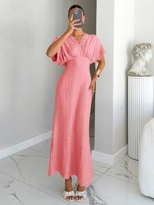 Siren Gaze Women's Lace Patchwork Textured Batwing Sleeve Vacation Dress Vacation Soft Pink Summer Elegant - Pink - View 3