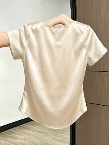 INAWLY Áo sơ mi nữ bằng vải satin kiểu Trung Quốc, dáng rộng, tay ngắn, cài cúc. - Rượu sâm banh - Xem 2