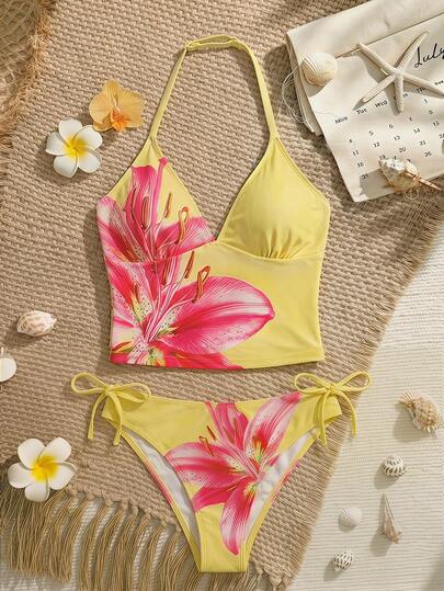 SHEIN Conjunto de Maiô Bikini de 2 Peças com Estampa Floral Amarela e Alças Finas para Adolescentes, para Praia, Férias, Primavera/Verão