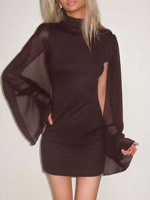 Sydney Algeri Mini Bodycon Dress With Stand Collar Cape, Solid Color Elegant - Brown - View 3