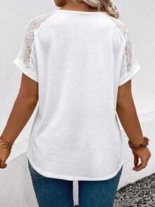 EMERY ROSE Women's Spring/Summer New Arrival Lace Patchwork Round Neck Short Sleeve Casual Versatile Plus Size T-Shirt - White - View 2