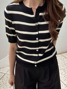 DAZY Striped Button Front Cardigan,Short Sleeve Tops,Fall Clothes - Black - View 7