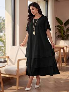 SHEIN Lady CURVE Plus Size Casual Dress, White Round Neck Unbutton Asymmetrical Flowy Hem, Bohemian Style, Suitable For Spring & Summer/Elegant Women's Plus Size Dresses Women's Summer Dresses Women's Black Dress Summer Dress Summer Outfits Summer Clothes Spring Dress Spring Outfit Women Spring Clothing Beach Vacation Outfits For Women Vacation Dress Bohemian - Black - View 8