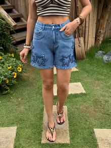 Breezaya Quần short denim bó sát thời trang rách rưới, thêu hình ngôi sao dành cho nữ. - Màu xanh lam - Xem 6
