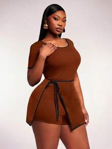 Radiana Women's Brown Short Sleeve Sports Set With Contrast Trim And Wrap Detail Skort For Active Wear - Brown - View 3