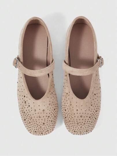 Sleekvia Women's Wanita Vintage Beludru Perancis Temperam Lembut Elegan Berlian Air Sepatu Mary Jane Wanita Satu Kata Button Sepatu Sole Flat