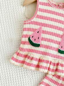 SHEIN LMoss Kids 女婴条纹圆领上衣和宽松休闲裤两件套 - 彩色 - 查看 3