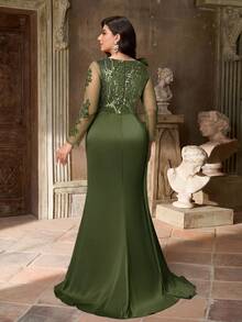Aureia Plus Size Olive Green Winter Elegant Formal Prom Wedding Boat Neck Beaded Embroidery Patchwork Taffeta Ruffle Trim Long Sleeve High Slit Sheer Dress - Army Green - View 2