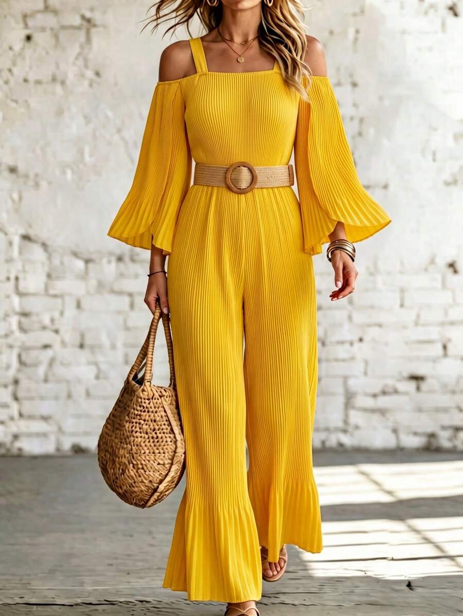 EMERY ROSE Jumpsuit Wanita Model Off-Shoulder Lengan Mengembang dengan Rumbai dan Kaki Lebar, Warna Kuning Muda untuk Liburan Musim Gugur - Kuning - View 1