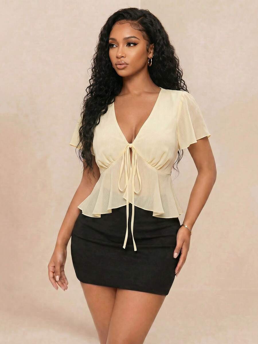 Eryvara Blusa de manga corta para mujer, de moda y cómoda para ir al trabajo en primavera/verano, con cierre de lazo y ribete de volantes - Amarillo - Ver 1
