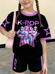 青少年女孩黑色夏季牛仔休閒可愛圖案虛擬女團五角星字母印花短版T恤與短褲套裝，舒適穿搭 - 彩色 - 查看 3