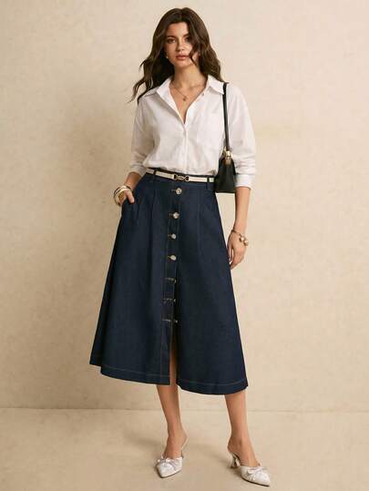 Poéselle 2026 New Arrive, Elegant Casual Women's Front Button Denim Mini Skirt, Summer Skirt, Summer Outfits, Dark Wash Denim, Soft Comfortable Cotton Denim Fabric, Versatile Skirt, A-Line Skirts For Ladies, Elegant Skirts For Ladies, Casual Skirt, Commute Skirt, Denim Skirt, Suitable For Daily Commute, Party, Formal Occasion, Events, Office Wear, Vacation, Resort, Holiday, Festival, Going Out, Wedding Guest, Summer Vacation, Urban Commuting, Elegant-A, Versatile-A.