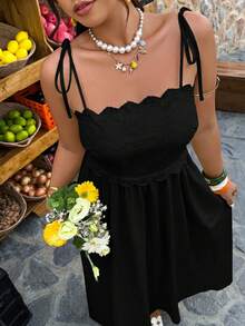 Vestido largo de unicolor sin mangas con cuello cuadrado de encaje jacquard, elegante y casual para vacaciones, tallas grandes, primavera/verano - Negro - Ver 3
