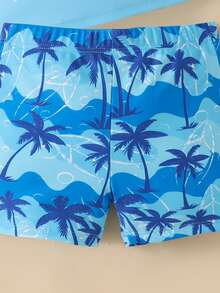SHEIN Infant/Toddler Boys' Tropical Holiday Style Print 2-Piece Set - Short Sleeve Top + Shorts, Suitable For Vacation And Pool Play - Blue - View 5