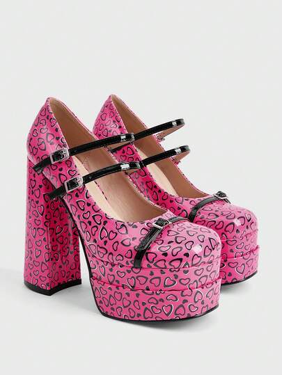 ROMWE Kawaii Ladies Mary Jane High Heels Thick Heel Waterproof Table Square Toe Thick Sole Heightening Shoes Valentine's Day