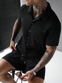 SLATEMANN Men's Solid Color Minimalist Casual Short Sleeve Shirt And Shorts Set - Black - View 4