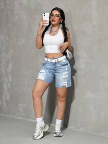 SHEIN PETITE 女款休閒日常牛仔短褲，附口袋與破洞設計，適合嬌小女性 - 淺色水洗藍 - 查看 6