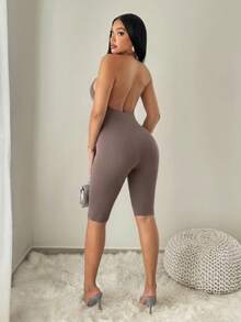 BamGleam Bộ jumpsuit dệt kim liền mạch, cổ yếm, hở lưng, gợi cảm. - Bụi tím - Xem 2