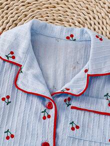 2pcs Baby Girls' Red Cherry Print Comfortable Jacquard Collar Short Sleeve Top And Pants Homewear Set - Blue - View 5