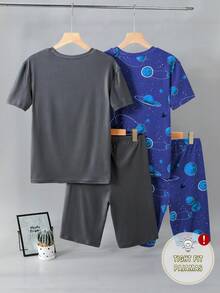 4件套青少年男童修身太空行星印花短袖短裤睡衣套装，舒适亲肤夏季家居服，也可作为外衣穿着，适合青少年，以宇宙和太阳系为主题，时尚百搭 - 彩色 - 查看 2