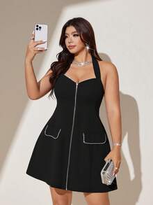 Viva Relle Plus Size Rhinestone Decor Backless Halter Tie Waist Sexy Elegant Dress - Black - View 2