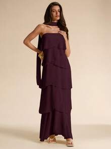 SHEIN BAE Dark Purple Layered Ruffle Hem Dress,Flowy Elegant Dress Suitable For Autumn Party Night,Vacation,Bridesmaid,Wedding,Spring/Summer Wear,Formal Gown - Purple - View 5