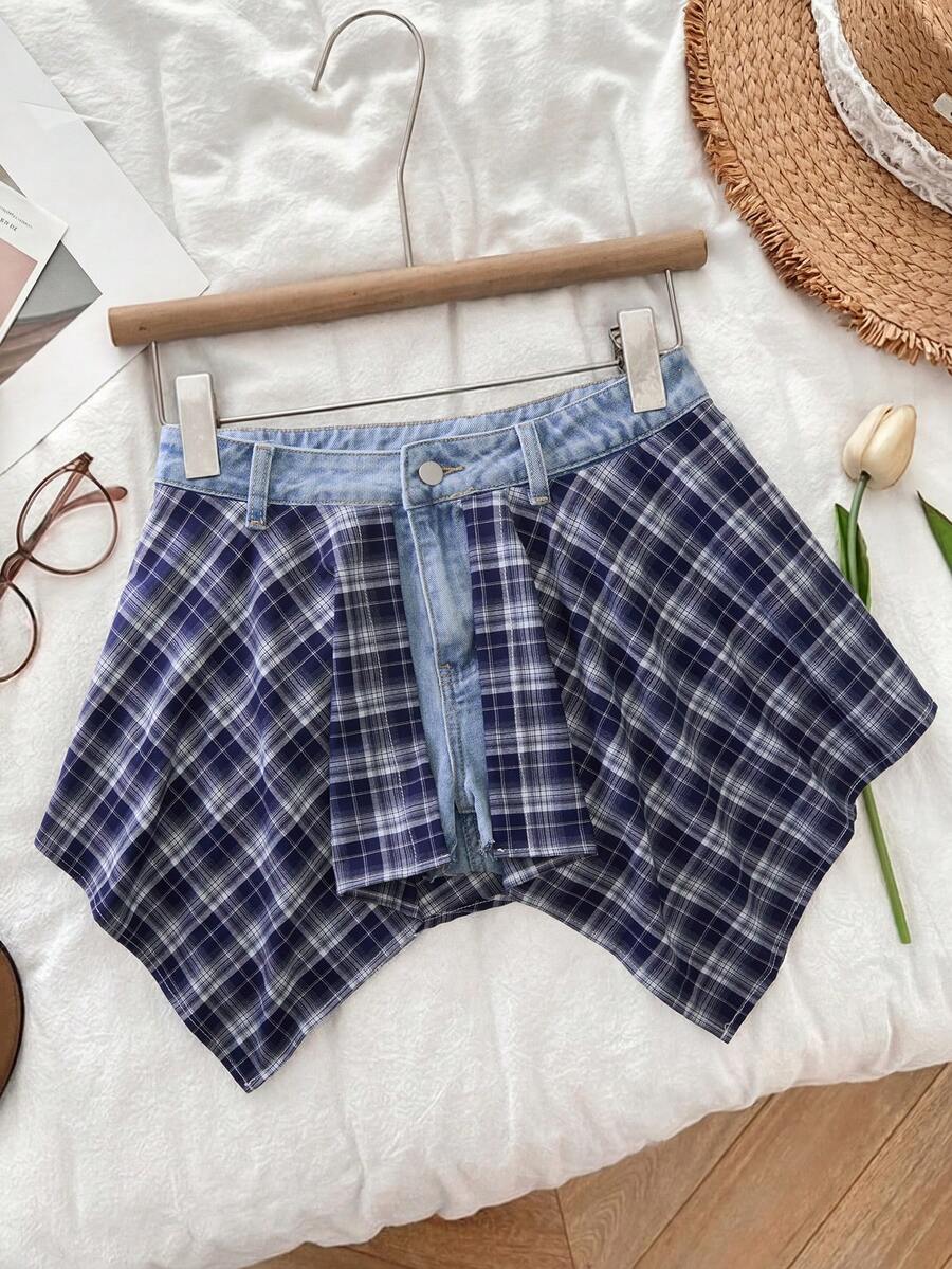 SHEIN MOD 女士休闲拼接格子不对称下摆牛仔裙裤 - 藍色 - 查看 1
