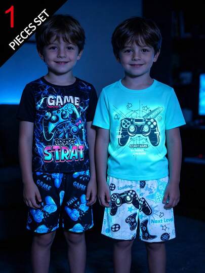 [2pcs/Set] 2pcs Toddler Boys' Short Sleeve Shorts Snug Fit Pajamas, Cartoon Glow-In-The-Dark Print, Comfortable & Soft, For Home, Leisure, Outdoor