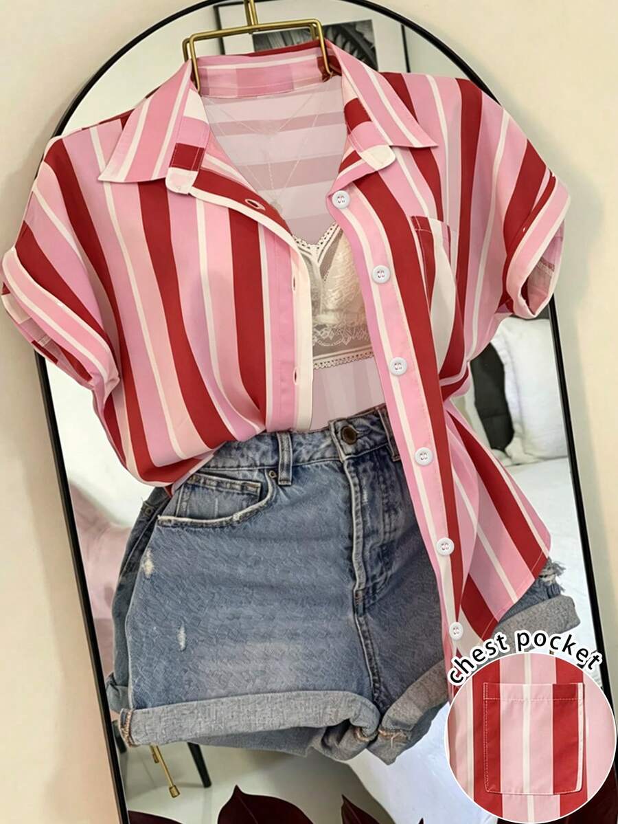 INAWLY Women's Summer Casual Vacation Colorblock Striped Print Batwing Sleeve Shirt - Multicolor - View 1
