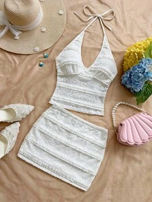 Soleia 女士度假米色纹理两件套，吊带上衣和迷你裙，沙滩和海边 - 米色 - 查看 5