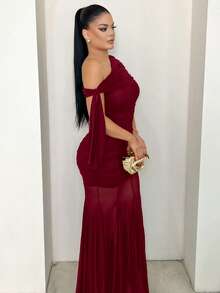 Dayanna Comas 女款純色極簡休閒不對稱領綁帶洋裝，婚禮賓客禮服，情人節優雅夏季穿搭 - 酒紅色 - 查看 3