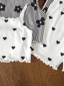 SHEIN 8件套女童针织纯色、爱心、花卉、条纹图案休闲吊带背心和短裤套装 - 彩色 - 查看 4