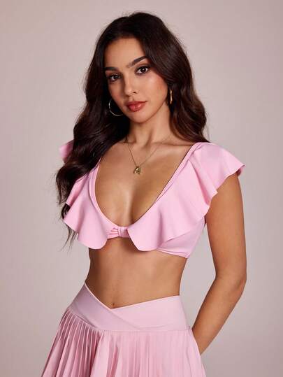 SHEIN Sovereign Charm 女士纯色荷叶边休闲日常运动文胸