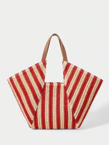 Large Capacity Bohemian Woven Straw Tote Bag With Fringe And Striped And Plain PU Handles For Beach Vacation Summer - Merah - View 4