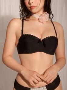 DelicateAllure 女士休闲黑色面料纯色文胸，撞色蕾丝和蝴蝶结细节，略有弹性 - 黑色 - 查看 3