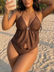 Swim SXY 2026 New Summer Beach Vacation Solid Color Starfish Decor Plus Size Swimwear Top - Coffee Brown - View 3