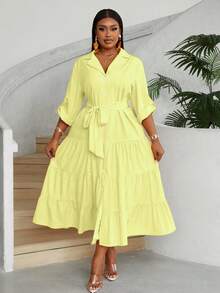 Maweii Plus Size Women's Elegant V-Neck Buttoned Front Long Sleeve Belted Dress With Layered Ruffle Hem Maxi Women Outfit - Light Yellow - View 4