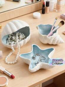 3pcs/1pc 5.51*2.36*2.76 Inch Sky Blue Shell Shaped Jewelry Tray & Key Bowl, Ceramic Jewelry Storage Tray. Birthday Gift, Graduation Gift - Multicolor - View 1