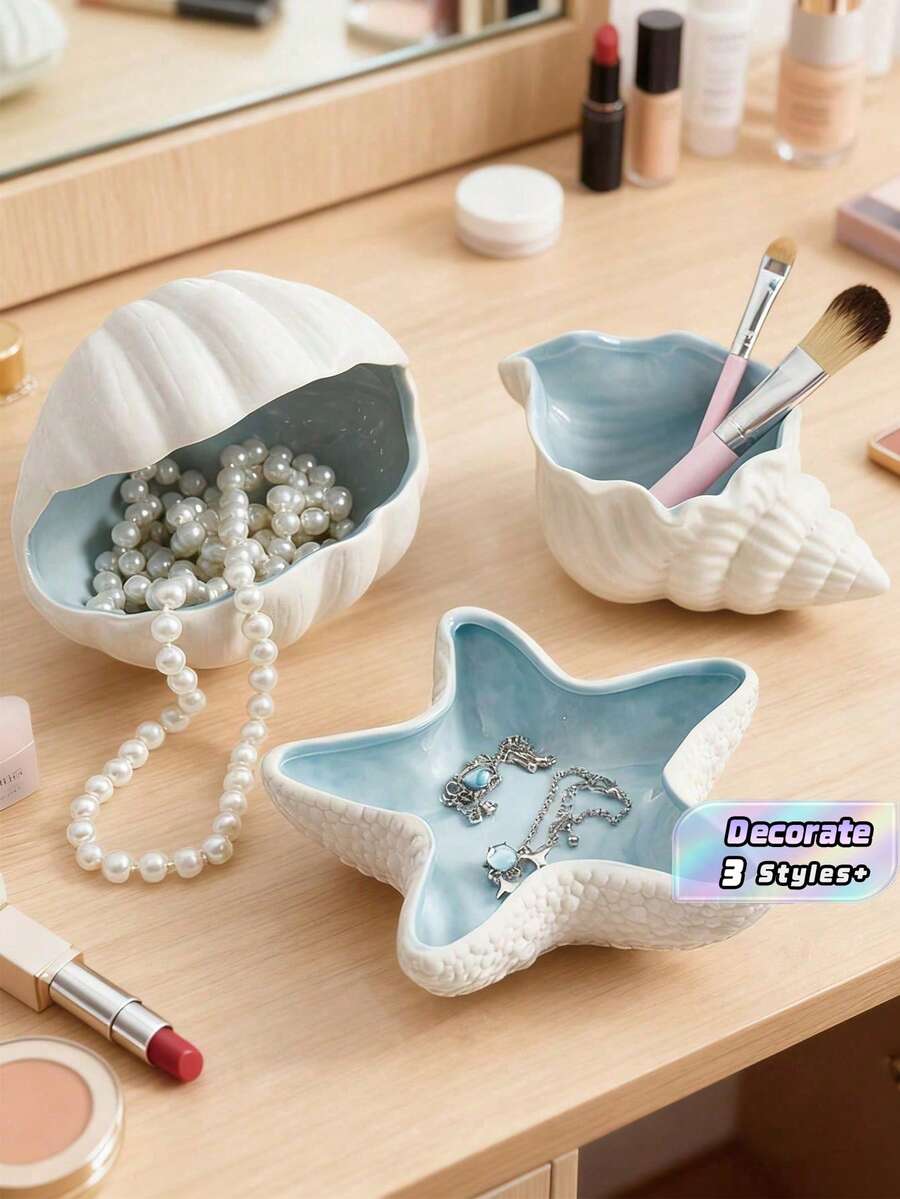 3pcs/1pc 5.51*2.36*2.76 Inch Sky Blue Shell Shaped Jewelry Tray & Key Bowl, Ceramic Jewelry Storage Tray. Birthday Gift, Graduation Gift - Multicolor - View 1