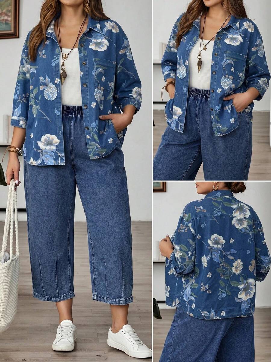 EMERY ROSE Mature Denim 大尺碼休閒花卉印花牛仔襯衫 夏季嘉年華服裝 通勤 度假 畢業 時尚 Y2k 可愛街頭風 Coquette 派對 婚禮 優雅商務休閒 女士商務 海灘 畢業 時尚大尺碼女款牛仔外套 附優雅花卉設計 長袖 鈕扣開合 花朵藍 - 藍色 - 查看 1
