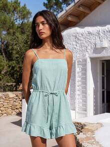 Nöista Mono corto de verano con textura, mono recto con tirantes ajustables, cuello recto, cintura ajustable con cordón, dobladillo con volantes. Perfecto para salidas, vacaciones, atuendo de verano, festivales, fiestas en la piscina, ropa de playa. Mono corto para vacaciones de lujo, salidas, bodas, fiestas, festivales, vacaciones, verano - Verde - Ver 4