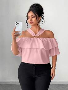 Elenzga Elegant Off-Shoulder Metal Decor Ruffle Trim Off-Shoulder Plus Size Blouse - Pink - View 7