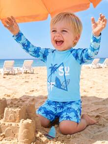 SHEIN Infant/Toddler Boys' Tropical Holiday Style Print 2-Piece Set - Short Sleeve Top + Shorts, Suitable For Vacation And Pool Play - Blue - View 6