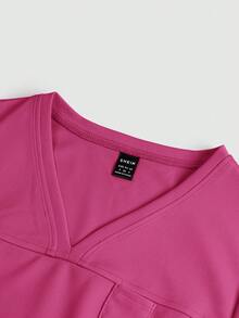 TaskEZ Solid Color Minimalist V-Neck Double Pocket T-Shirt And Casual Pants Uniform Set - Hot Pink - View 10