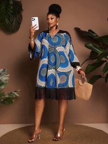 Maweii Plus Size Geometric Retro Print Contrast Color Tassel Loose Casual V-Neck Batwing Sleeve Dress - Blue and White - View 5