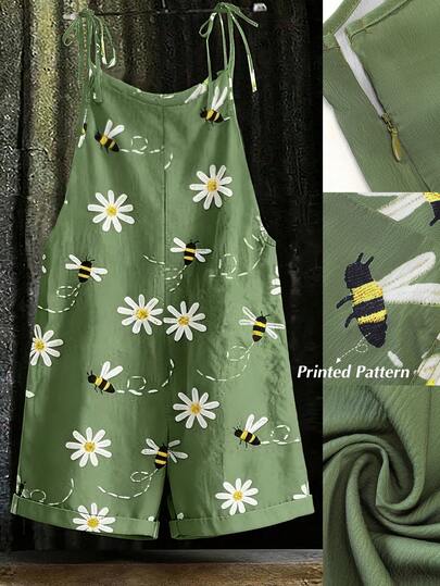 Linhara 大码女式花卉蜜蜂印花休闲百搭日常连体裤
